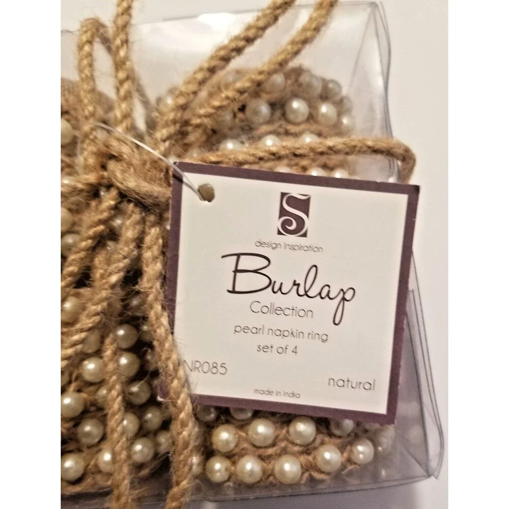 Design Inspirations Burlap & Faux Pearl Napkin Rings Set of 4 French Country New